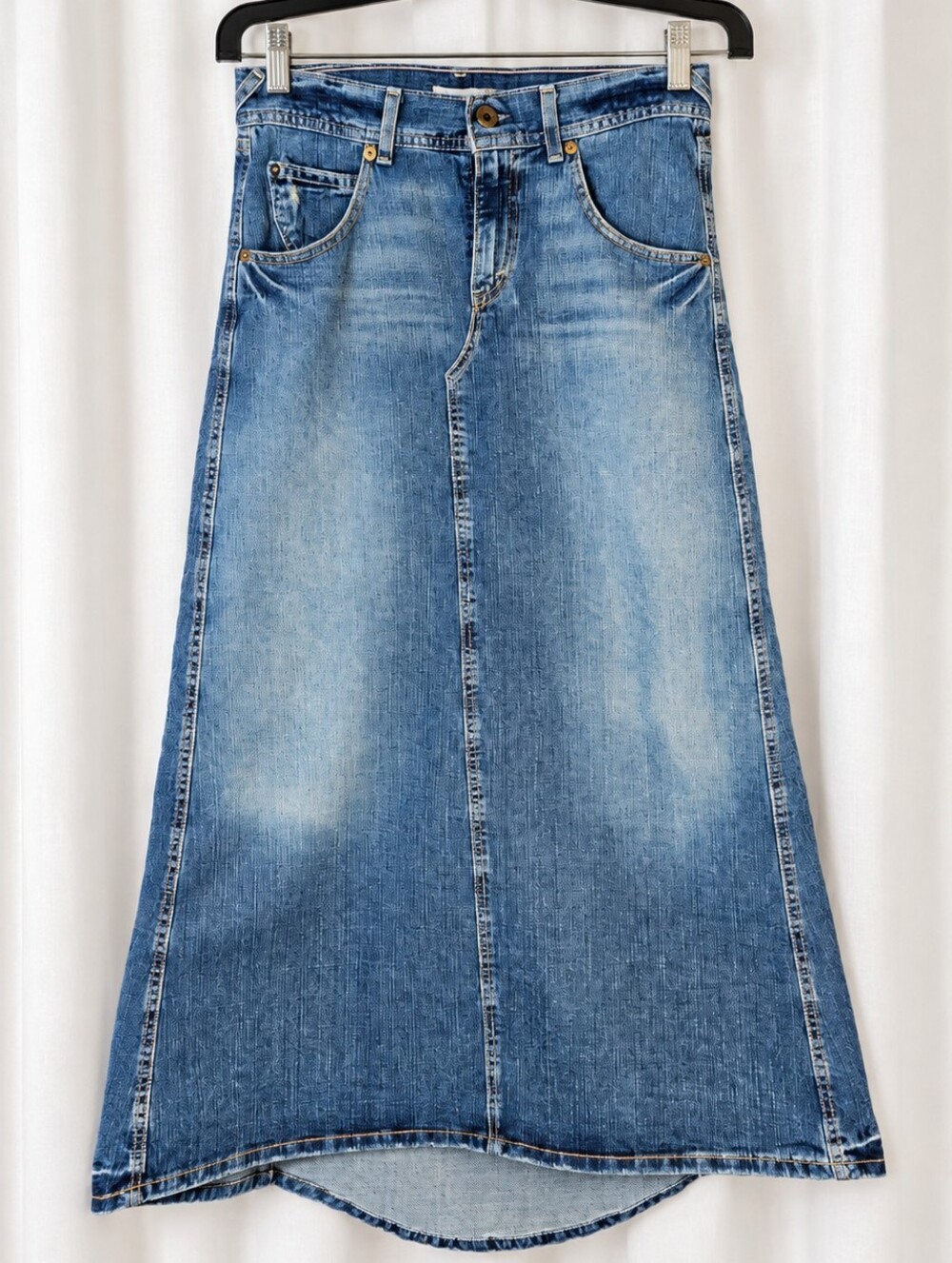 Levi's Y2K Faded Medium Blue Denim Curved High Low Classic Western Maxi Skirt